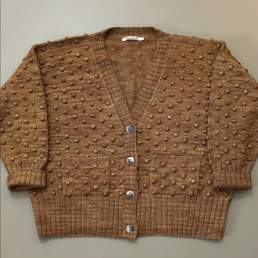 Misha & Puff Adult Popcorn Bubble Cardigan Sweater Acorn M L hand knit brown